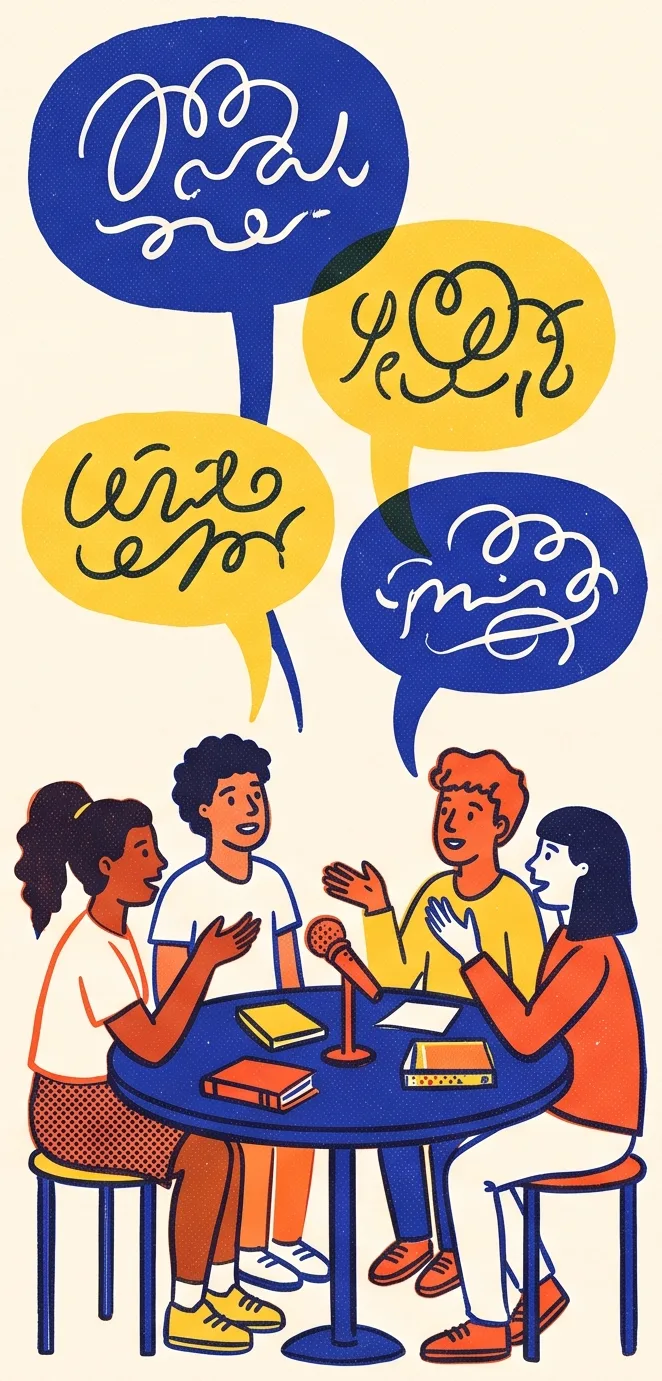Estudiantes conversando en una mesa redonda